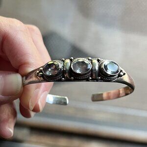 Vintage Handmade Nepalese Silver Three Amethyst Stone Open Cuff Bracelet